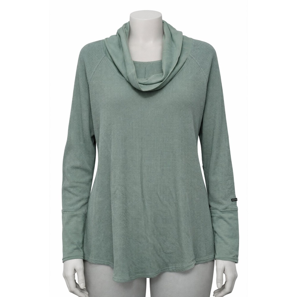 Columbia Womens Cowl Neck Waffle Knit Pullover Top Green Size Large Outdoor